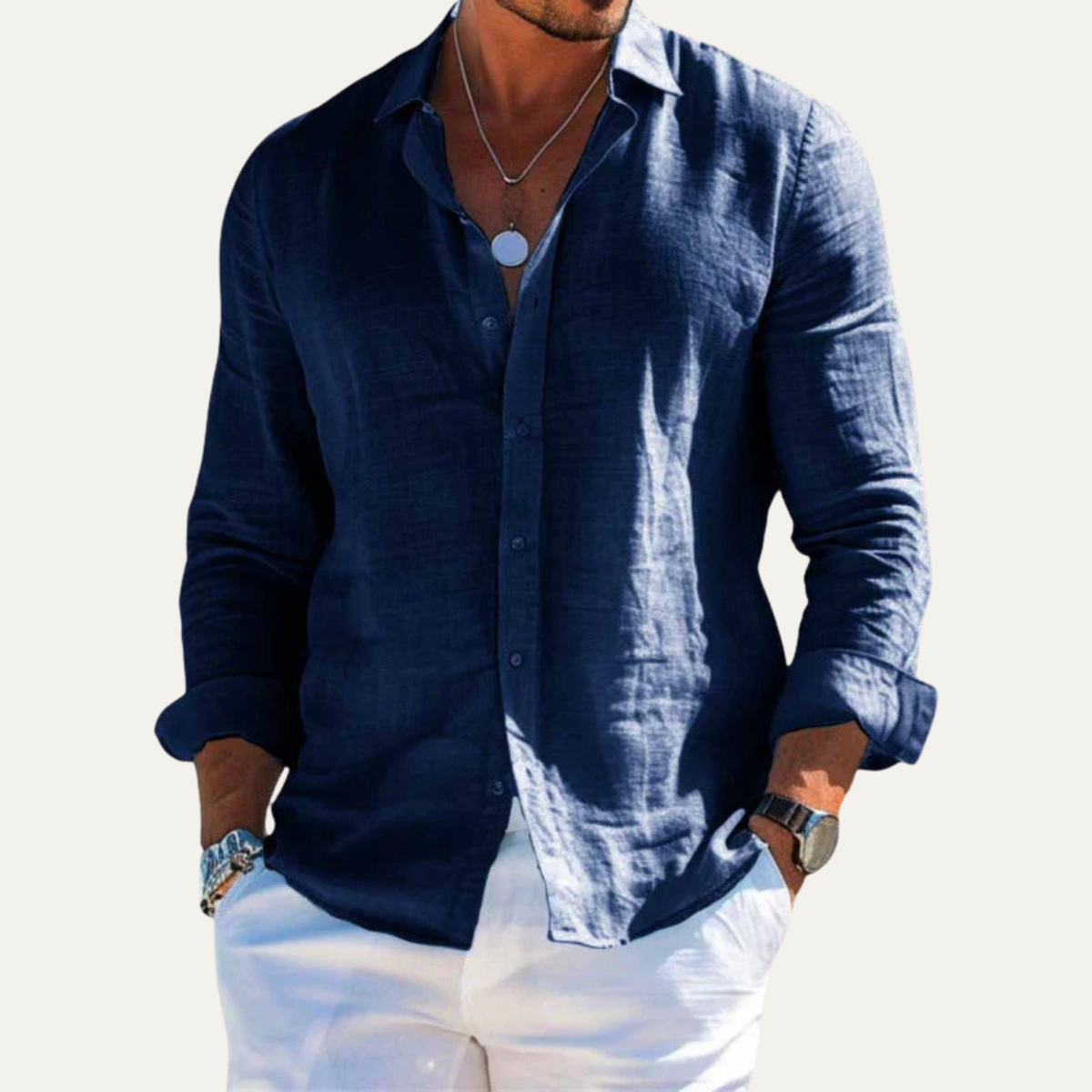 Men's Long Sleeve Shirt with Lapel Collar and Button Closure
