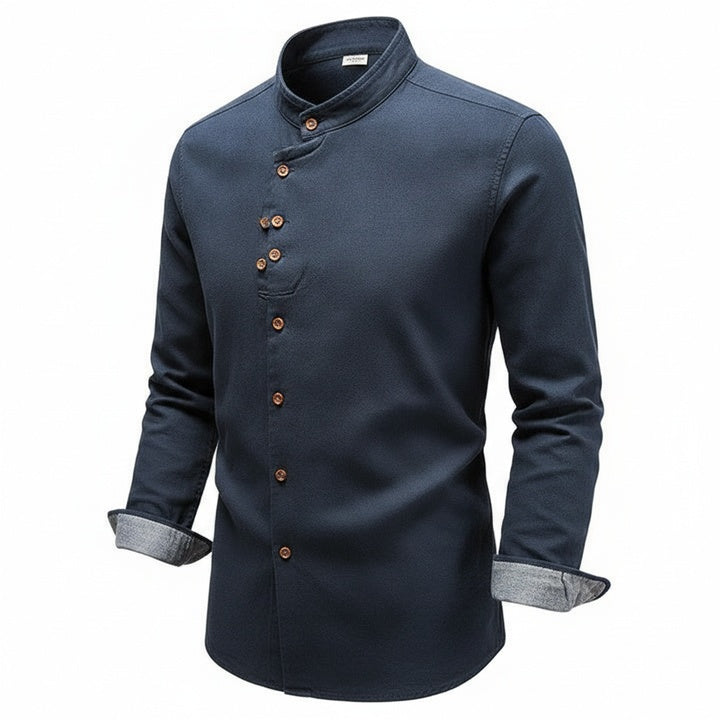 Men's Long Sleeve Shirt with Mandarin Collar and Button Closure