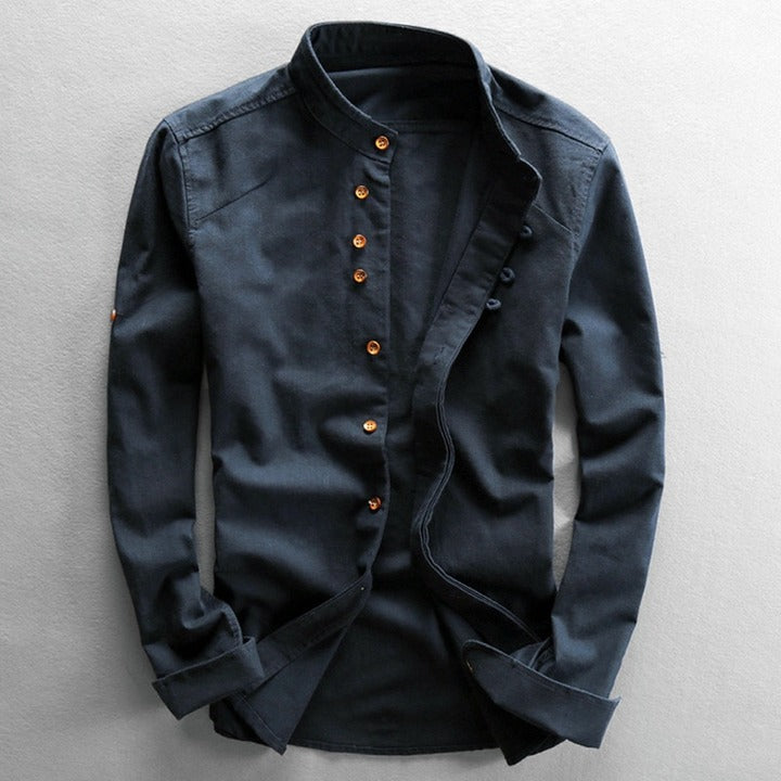 Men's Long Sleeve Shirt with Mandarin Collar and Button Closure