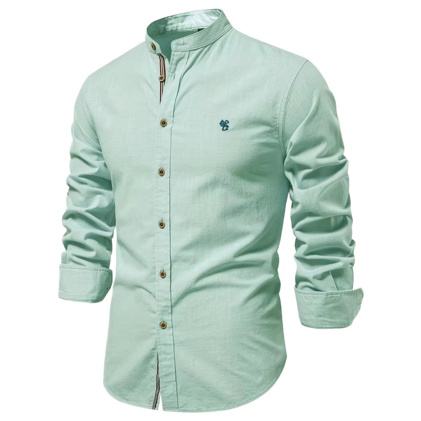 Men's Long Sleeve Shirt with Mandarin Collar and Button Closure