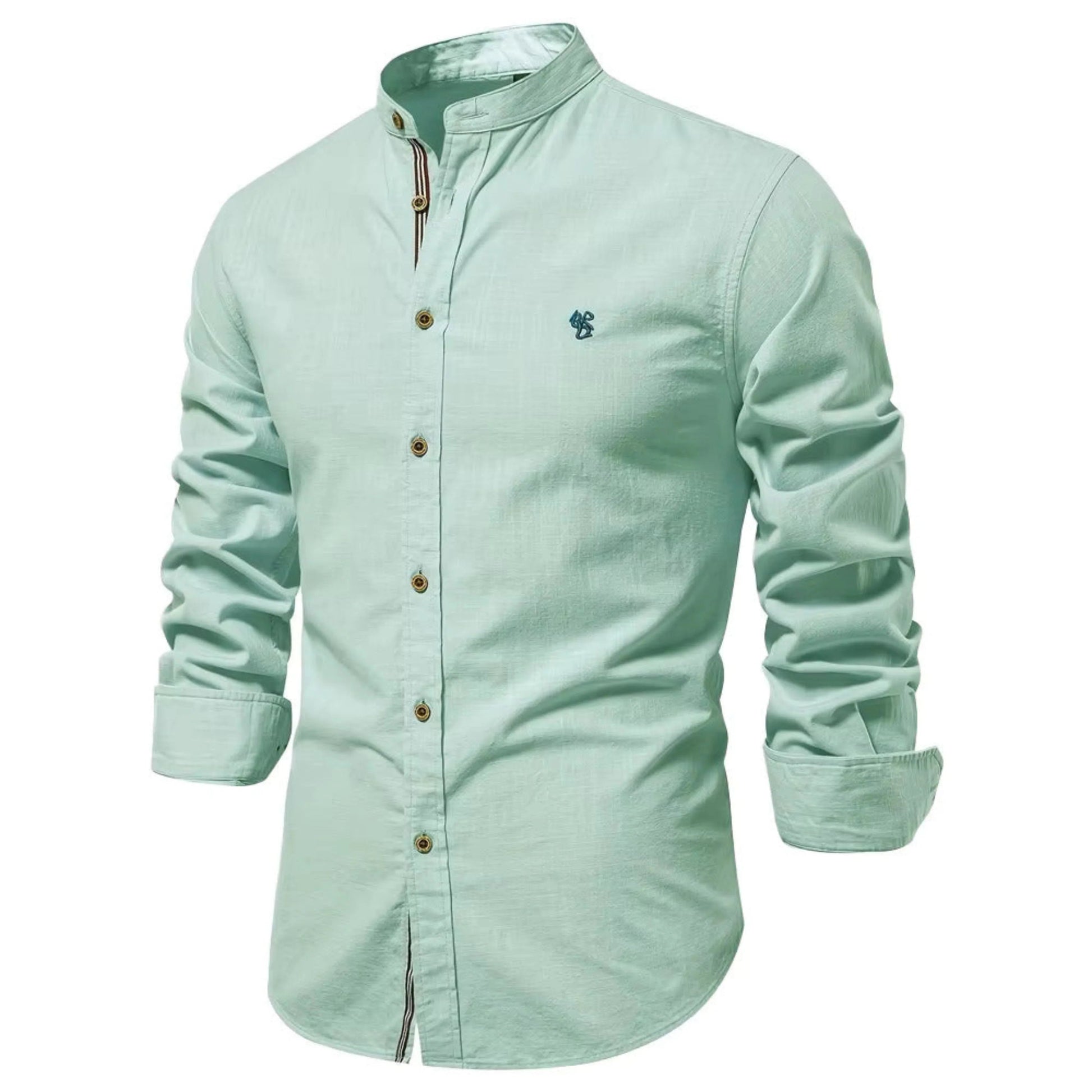 Men's Long Sleeve Shirt with Mandarin Collar and Button Closure