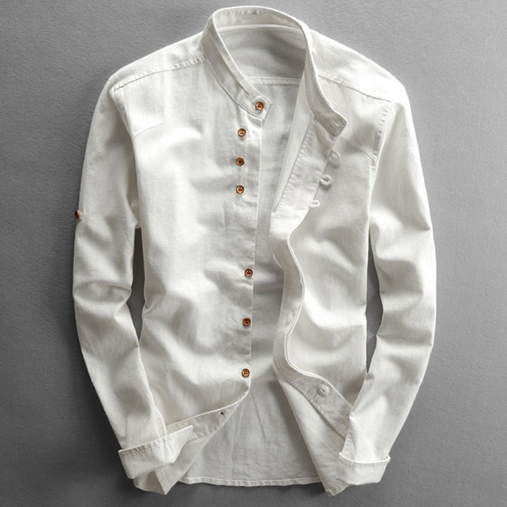 Men's Long Sleeve Shirt with Mandarin Collar and Button Closure