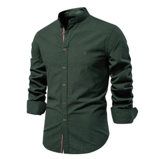 Men's Long Sleeve Shirt with Mandarin Collar and Button Closure