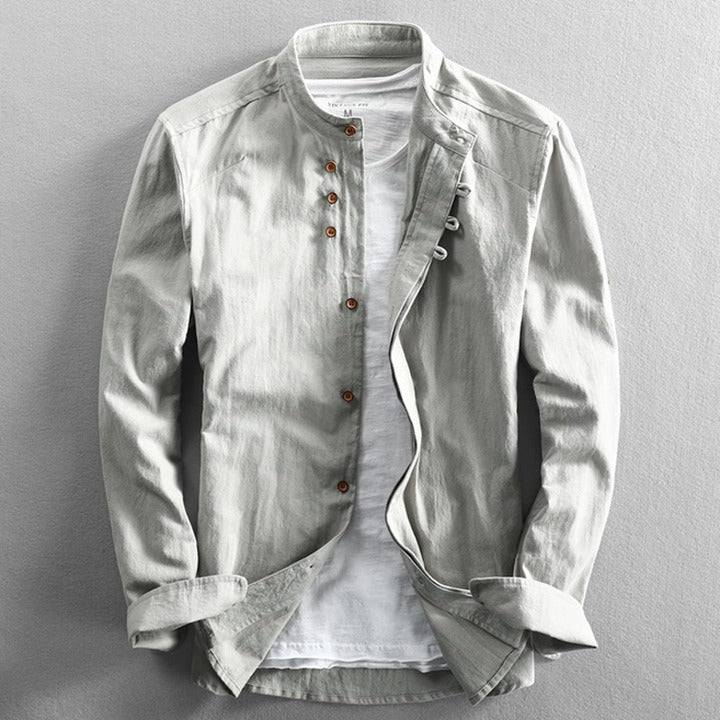 Men's Long Sleeve Shirt with Mandarin Collar and Button Closure