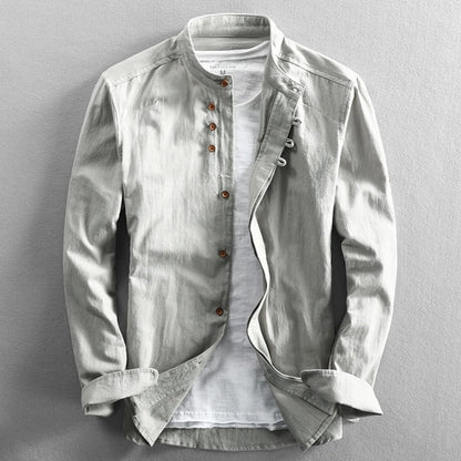 Men's Long Sleeve Shirt with Mandarin Collar and Button Closure