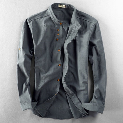 Men's Long Sleeve Shirt with Mandarin Collar and Button Closure