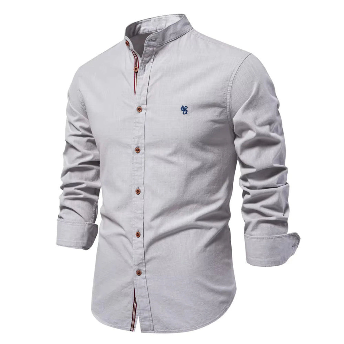 Men's Long Sleeve Shirt with Mandarin Collar and Button Closure