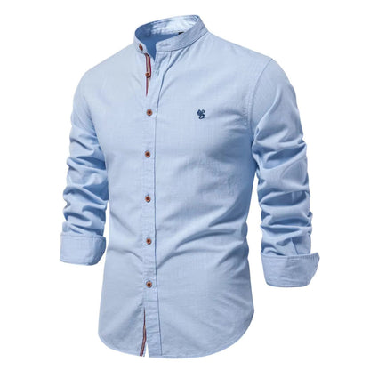 Men's Long Sleeve Shirt with Mandarin Collar and Button Closure