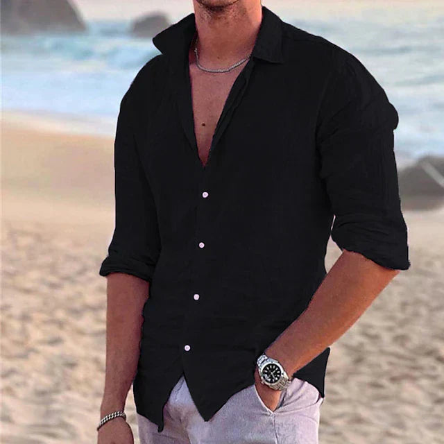 Men's Long Sleeve Shirt with Open Collar and Button Front