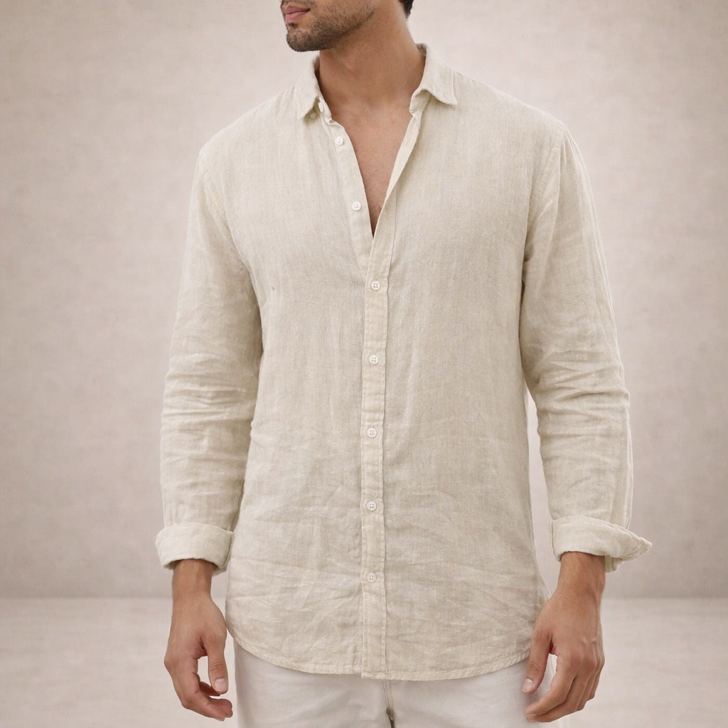 Men's Long Sleeve Shirt with Open Collar and Relaxed Fit