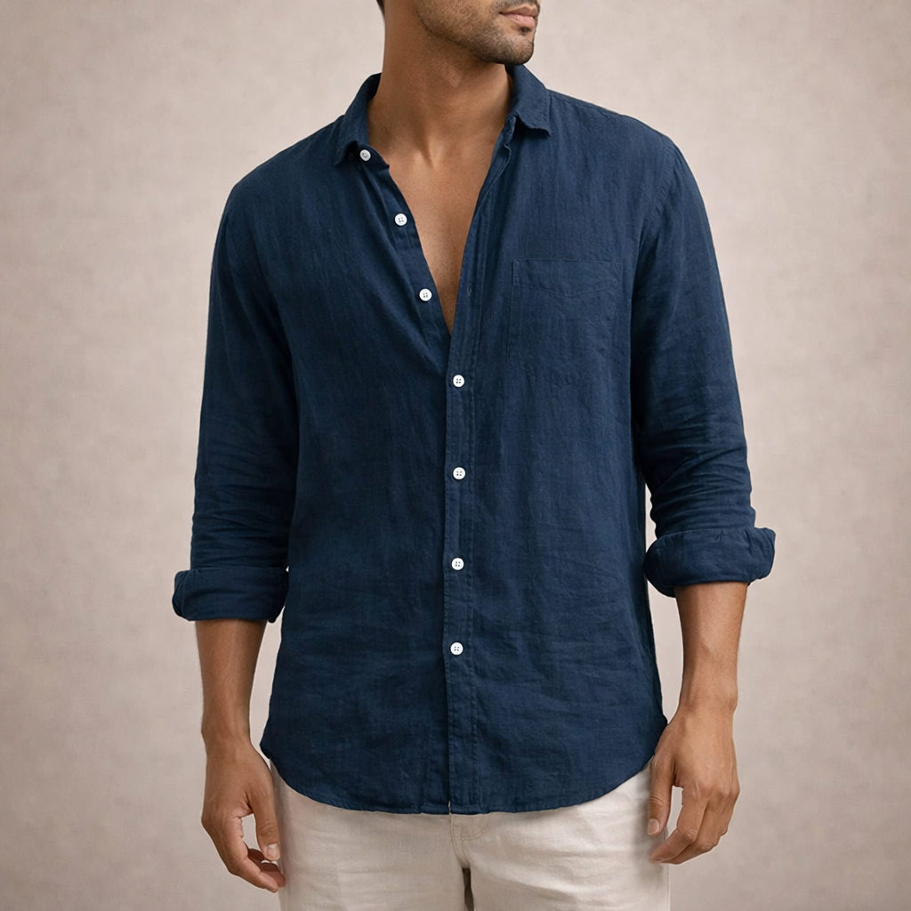 Men's Long Sleeve Shirt with Open Collar and Relaxed Fit