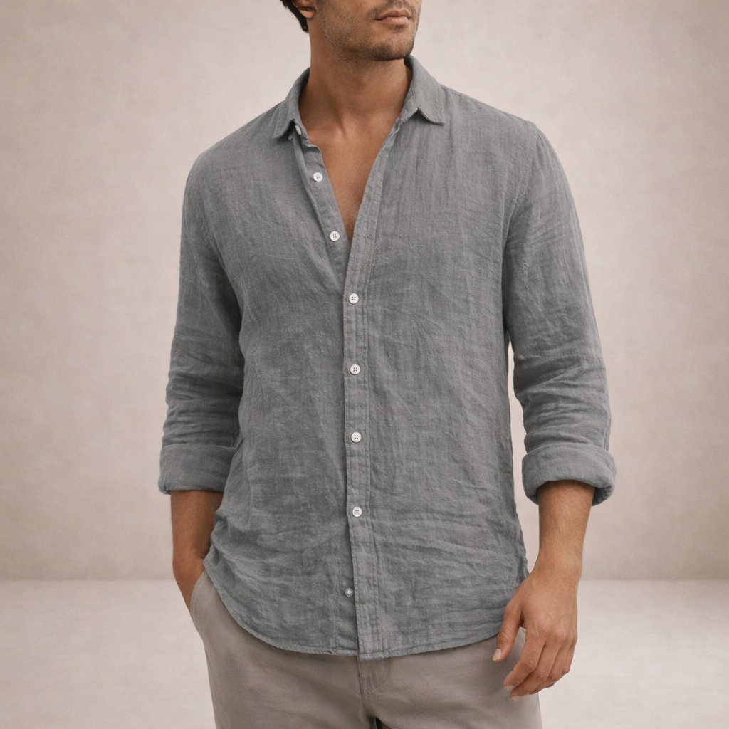 Men's Long Sleeve Shirt with Open Collar and Relaxed Fit