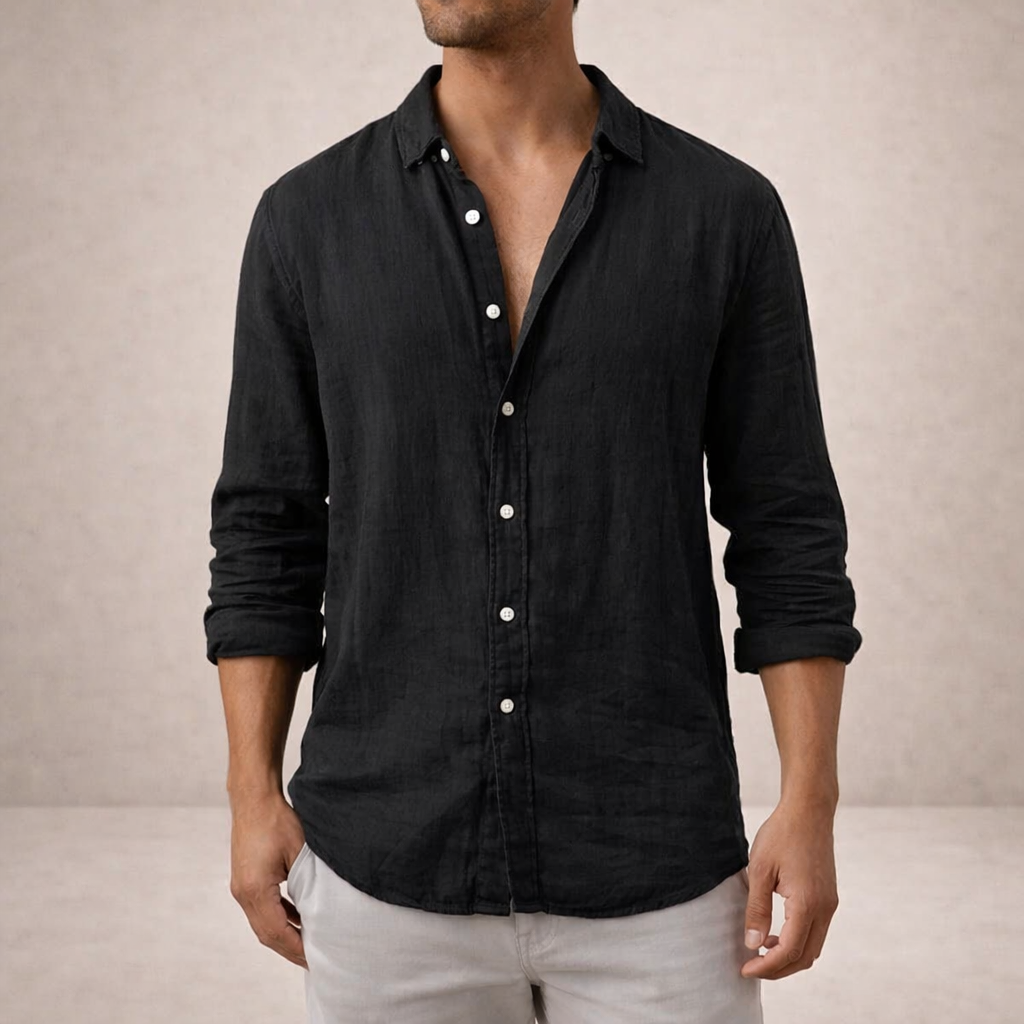 Men's Long Sleeve Shirt with Open Collar and Relaxed Fit