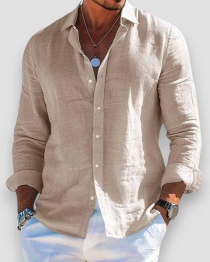 Men's Long Sleeve Shirt with Spread Collar and Curved Shirttail Hem