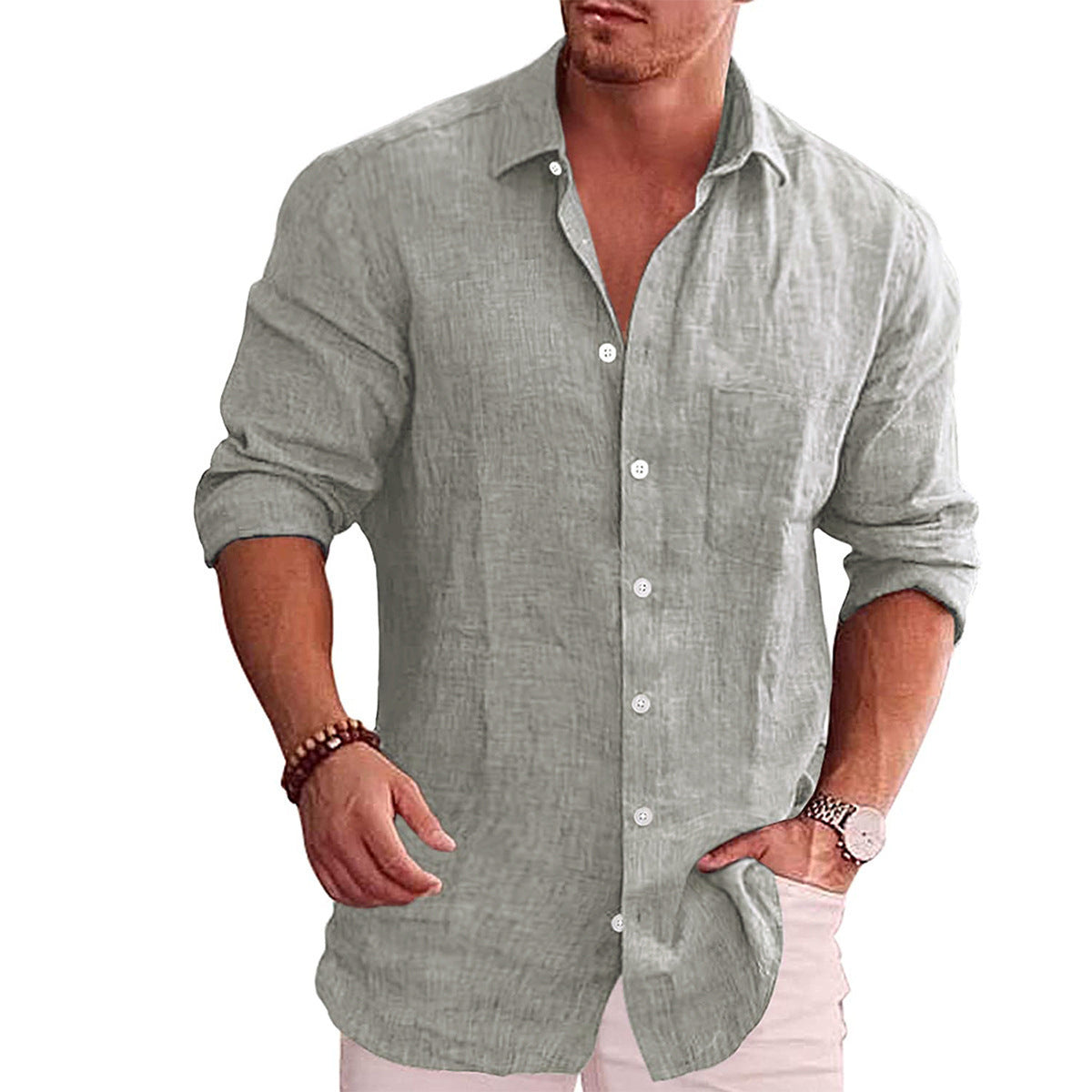 Men's Long Sleeve Shirt with Spread Collar and Button Closure
