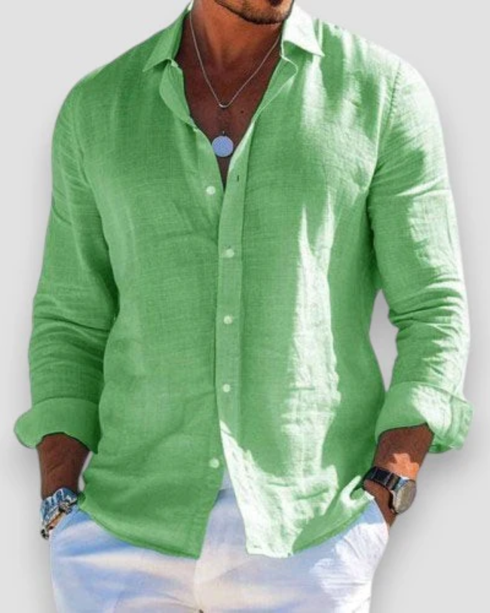 Men's Long Sleeve Shirt with Spread Collar and Curved Shirttail Hem