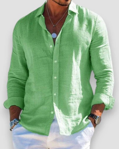 Men's Long Sleeve Shirt with Spread Collar and Curved Shirttail Hem