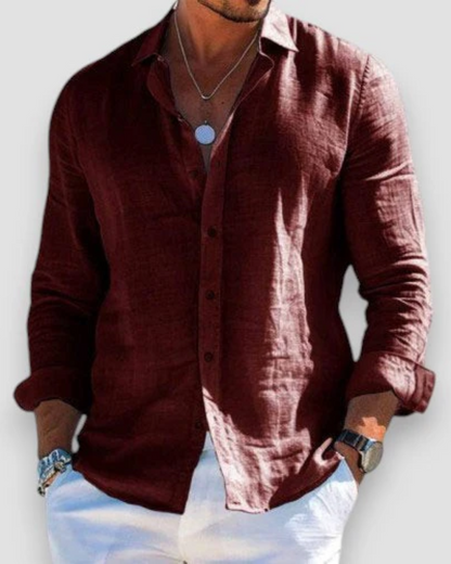 Men's Long Sleeve Shirt with Spread Collar and Curved Shirttail Hem