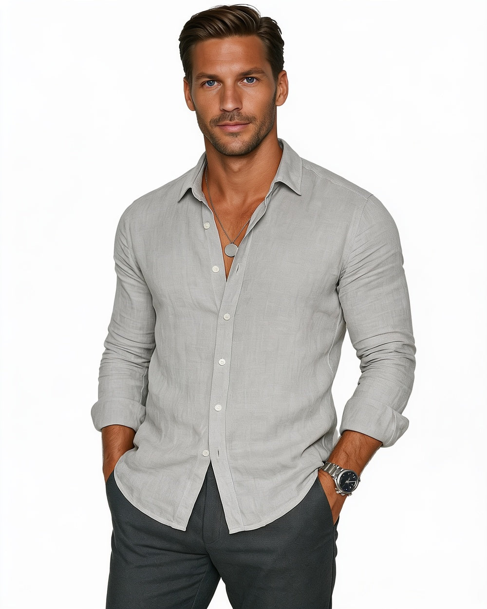 Men's Long Sleeve Shirt with Spread Collar and Curved Shirttail Hem