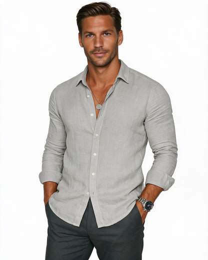 Men's Long Sleeve Shirt with Spread Collar and Curved Shirttail Hem