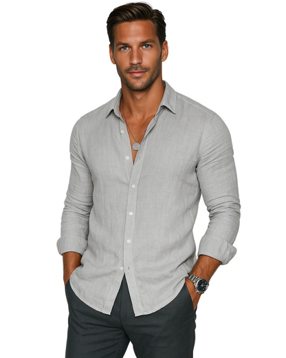 Men's Long Sleeve Shirt with Spread Collar and Curved Shirttail Hem