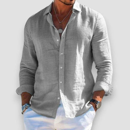 Men's Long Sleeve Shirt with Spread Collar and Curved Shirttail Hem