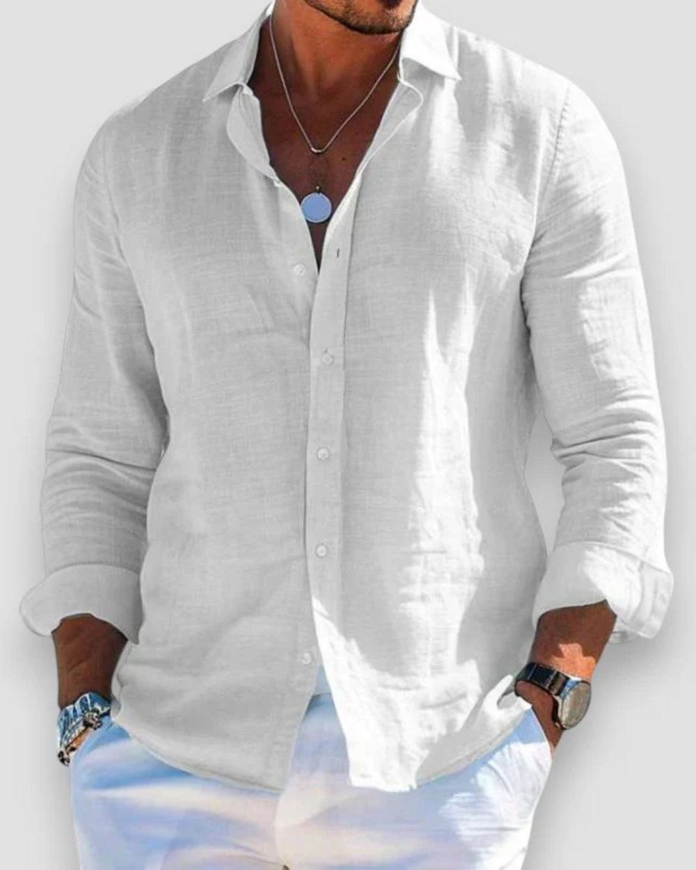 Men's Long Sleeve Shirt with Spread Collar and Curved Shirttail Hem