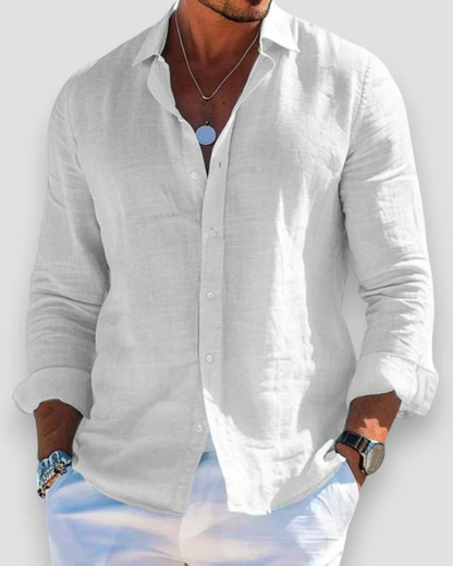 Men's Long Sleeve Shirt with Spread Collar and Curved Shirttail Hem