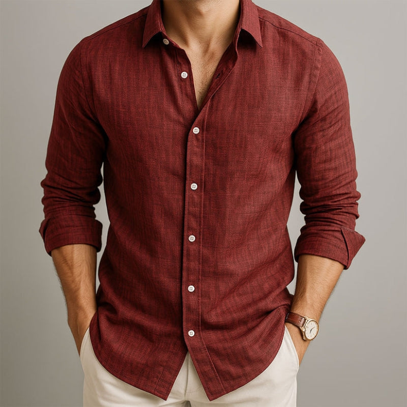 Men's Long Sleeve Shirt with Spread Collar and Button Closure