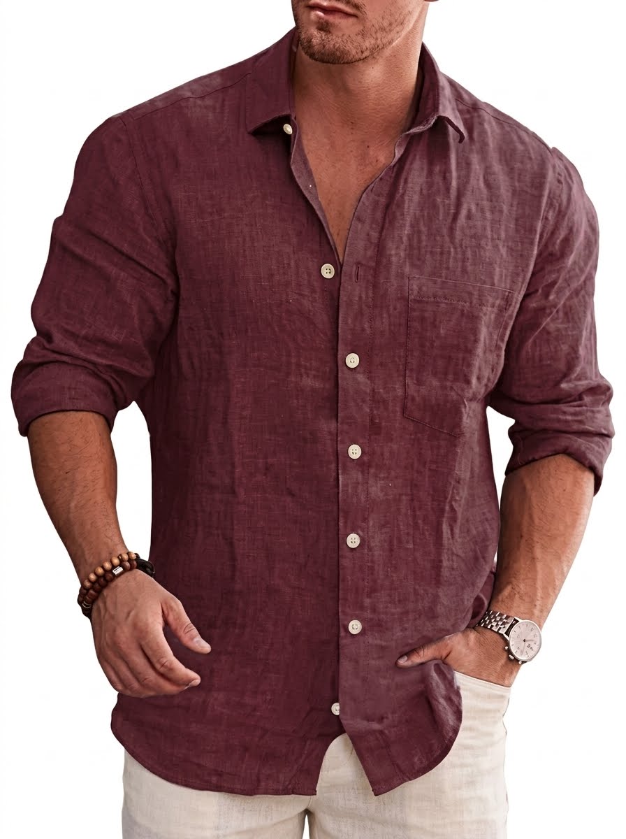 Men's Long Sleeve Shirt with Spread Collar and Chest Pocket