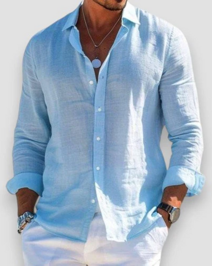 Men's Long Sleeve Shirt with Spread Collar and Curved Shirttail Hem