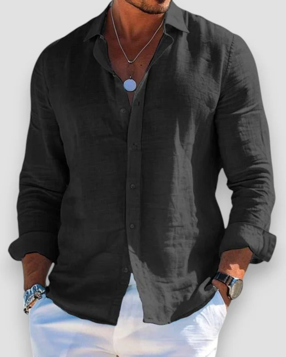 Men's Long Sleeve Shirt with Spread Collar and Curved Shirttail Hem