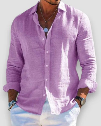 Men's Long Sleeve Shirt with Spread Collar and Curved Shirttail Hem