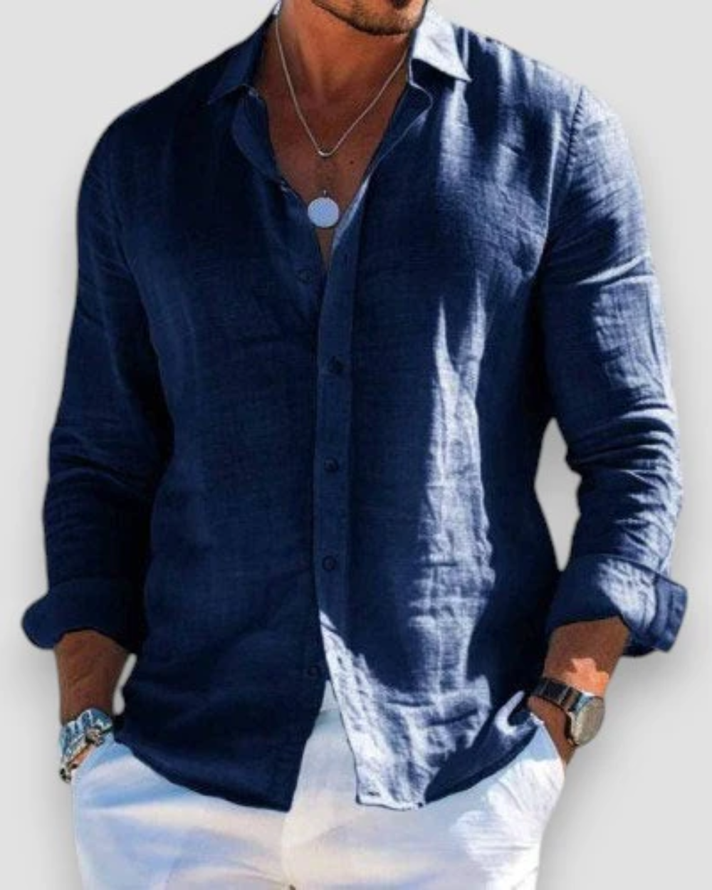 Men's Long Sleeve Shirt with Spread Collar and Curved Shirttail Hem