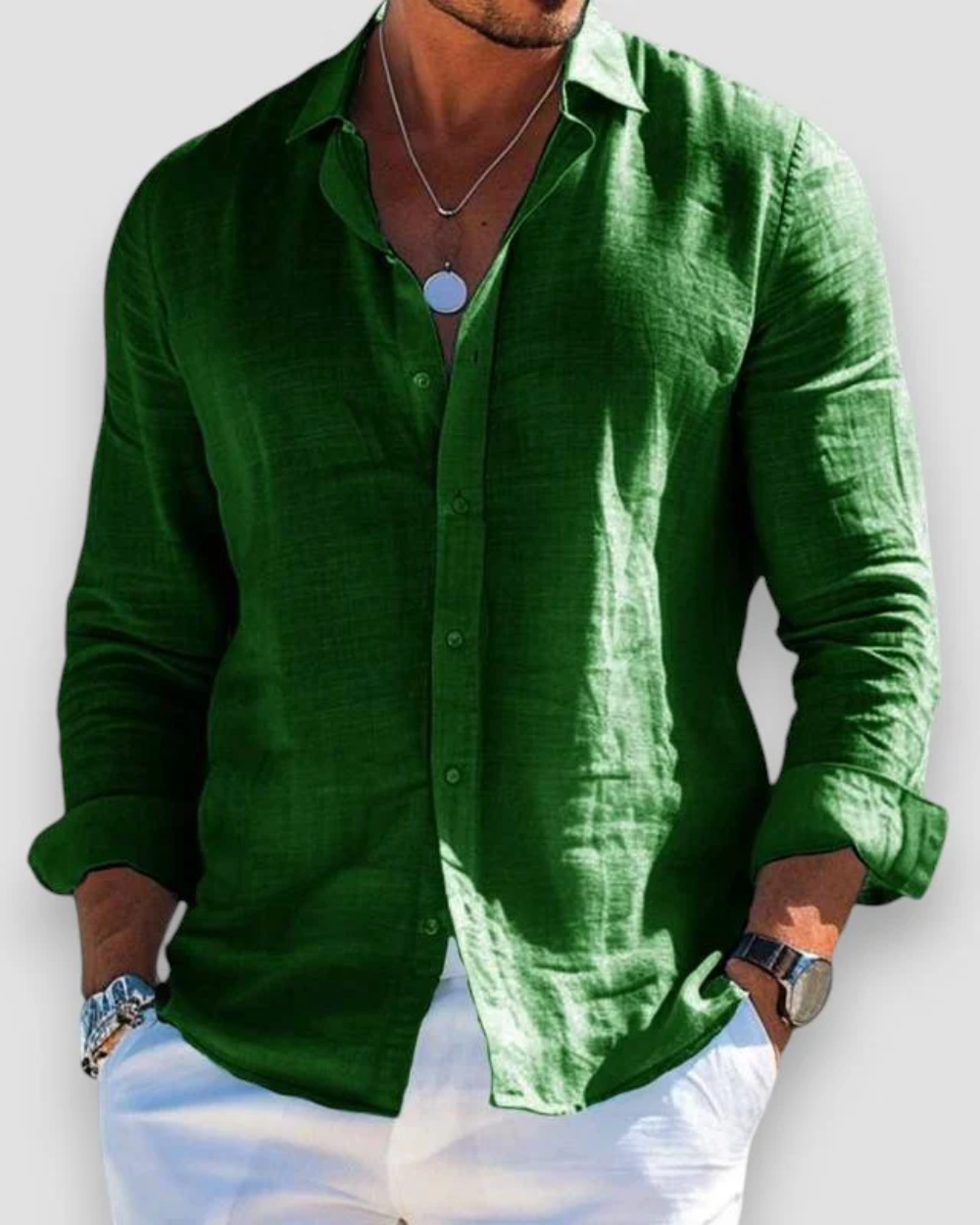 Men's Long Sleeve Shirt with Spread Collar and Curved Shirttail Hem
