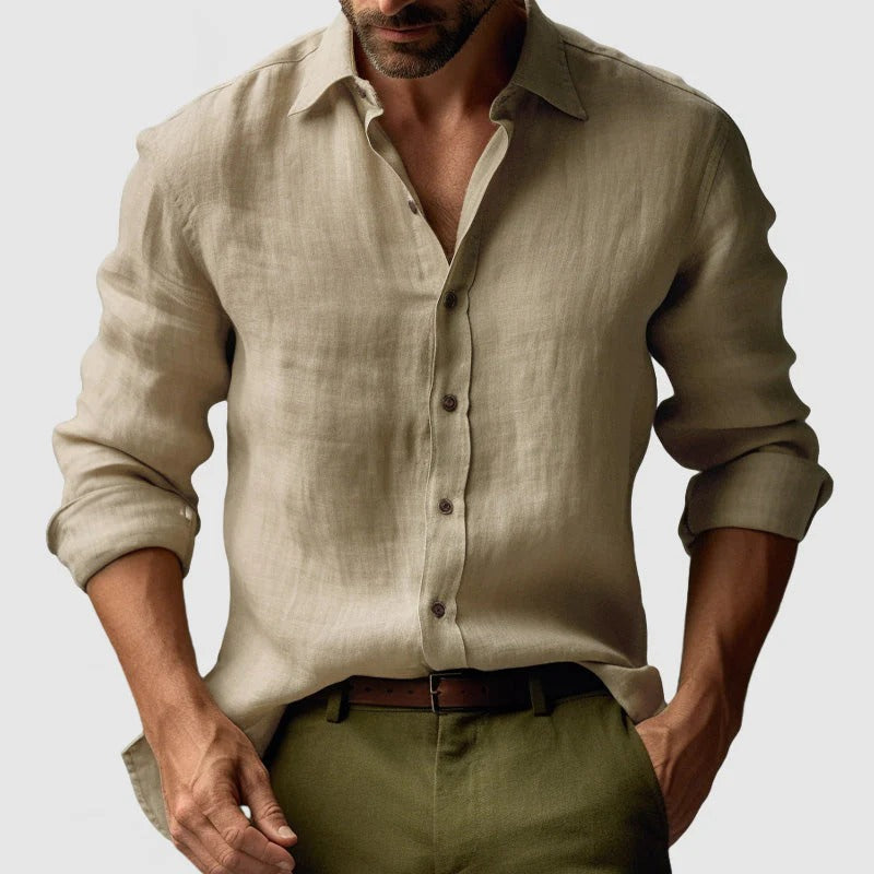 Men's Long Sleeve Shirt with Spread Collar and Button Front