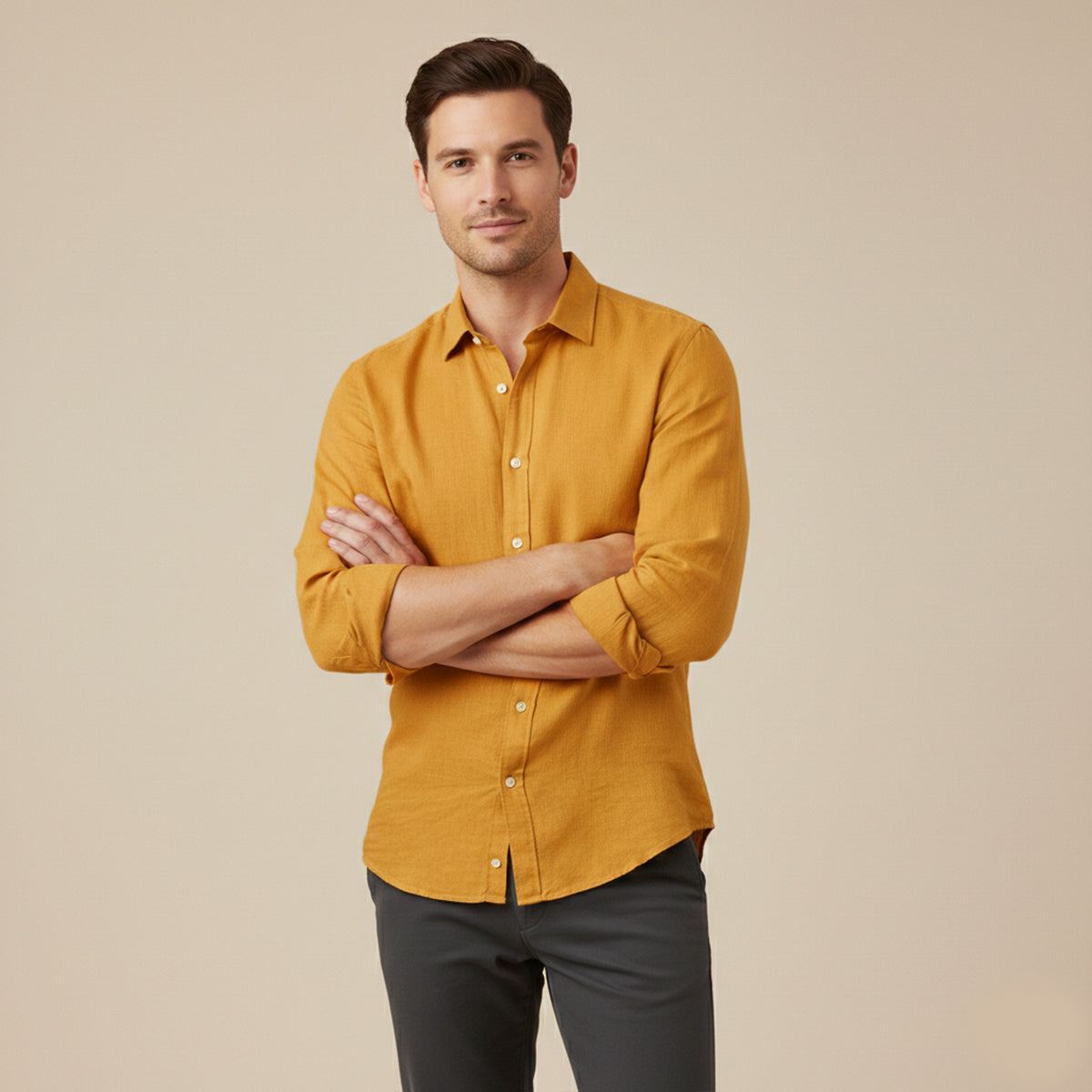 Men's Long Sleeve Shirt with Spread Collar and Button-Up Closure