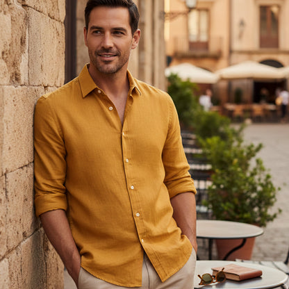Men's Long Sleeve Shirt with Spread Collar and Button-Up Closure
