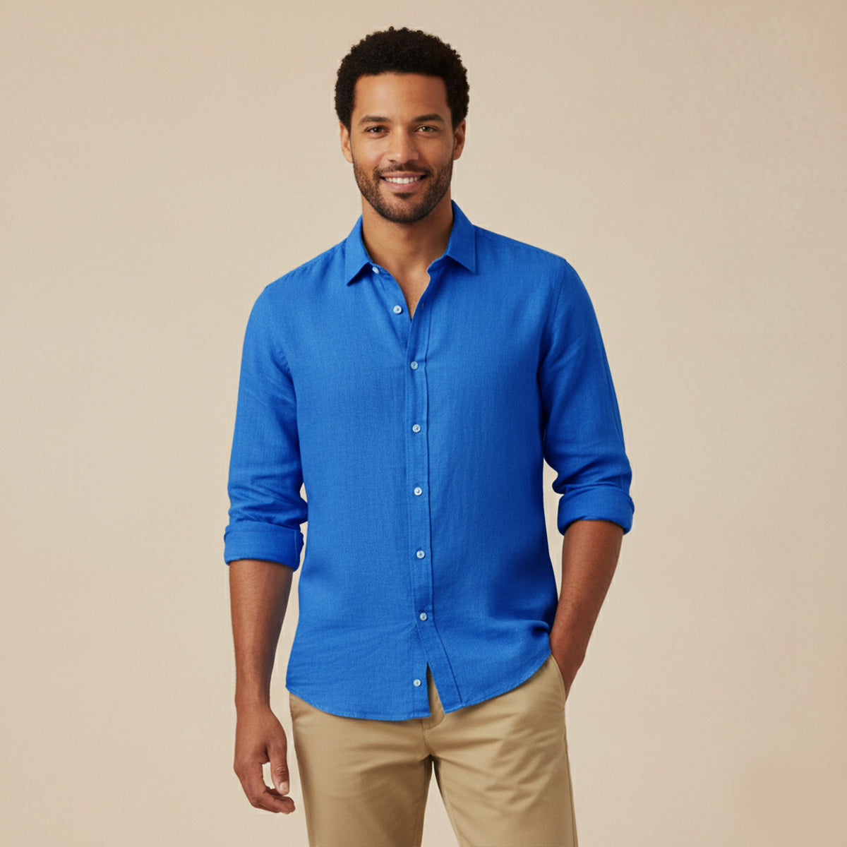 Men's Long Sleeve Shirt with Spread Collar and Button-Up Closure