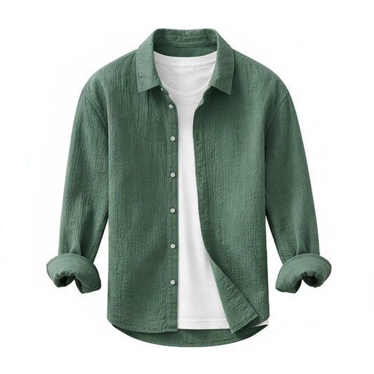 Men's Long Sleeve Shirt with Spread Collar and Button-Up Front