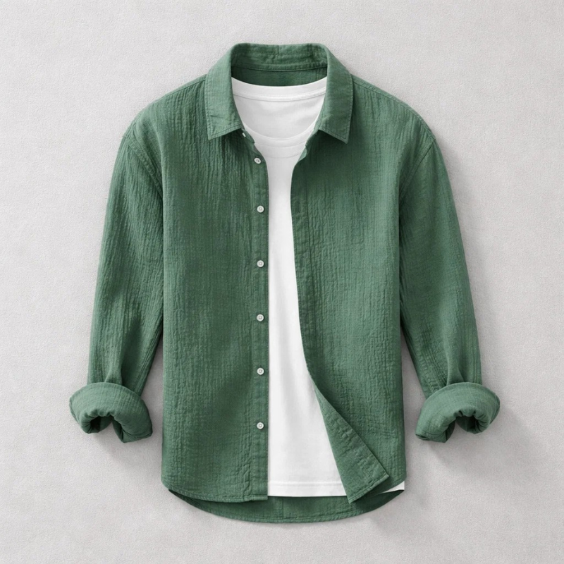 Men's Long Sleeve Shirt with Spread Collar and Button-Up Front