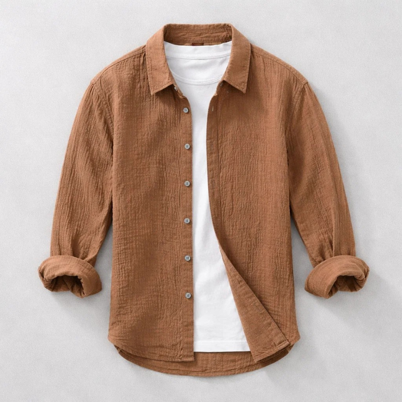 Men's Long Sleeve Shirt with Spread Collar and Button-Up Front
