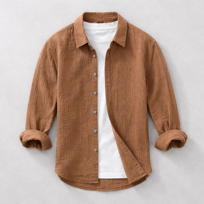 Men's Long Sleeve Shirt with Spread Collar and Button-Up Front