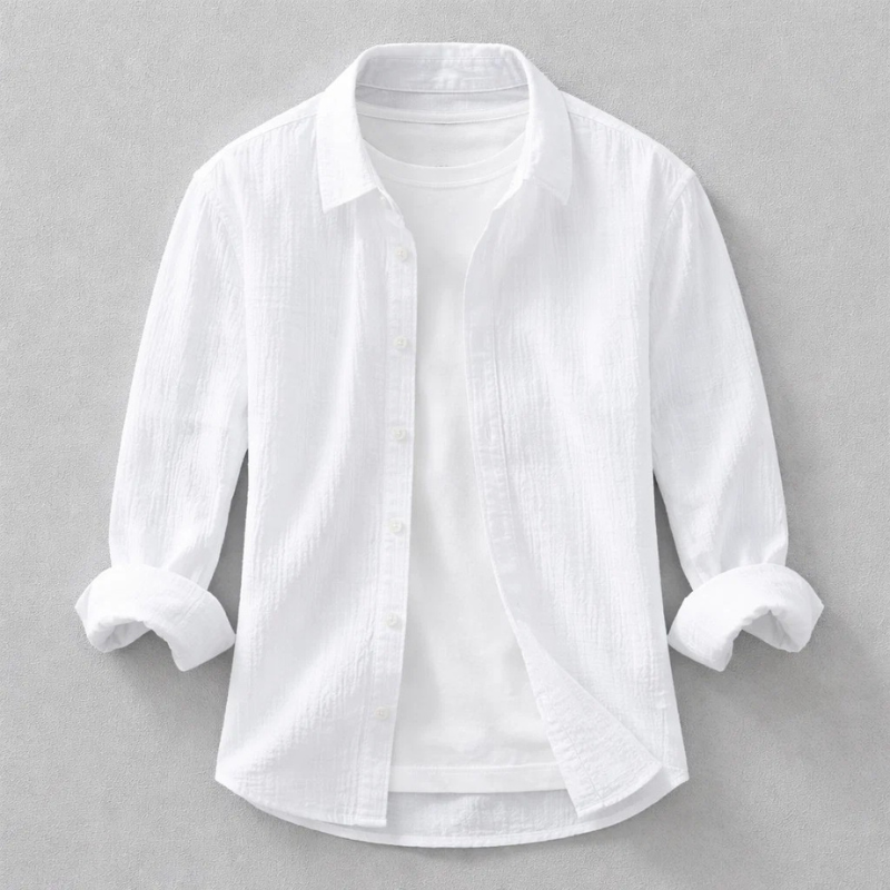 Men's Long Sleeve Shirt with Spread Collar and Button-Up Front
