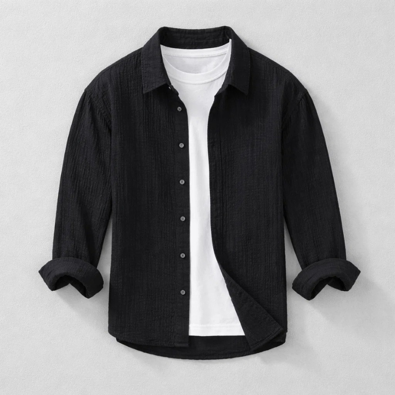 Men's Long Sleeve Shirt with Spread Collar and Button-Up Front