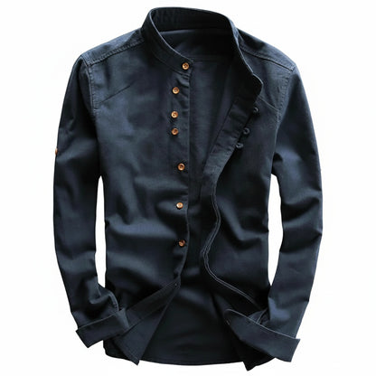 Men's Long Sleeve Shirt with Stand Collar and Button Closure