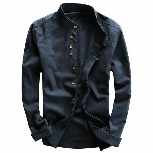 Men's Long Sleeve Shirt with Stand Collar and Button Closure