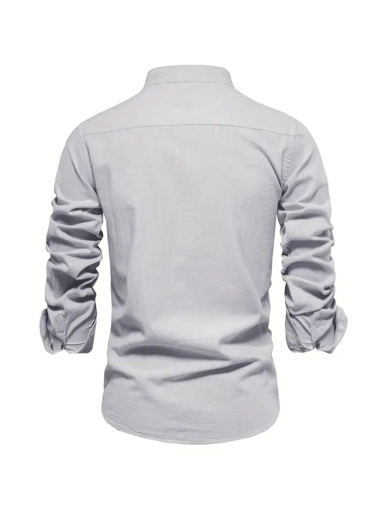 Men's Long Sleeve Shirt with Stand Collar and Button Closure