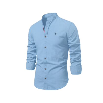 Men's Long Sleeve Shirt with Stand Collar and Button Closure