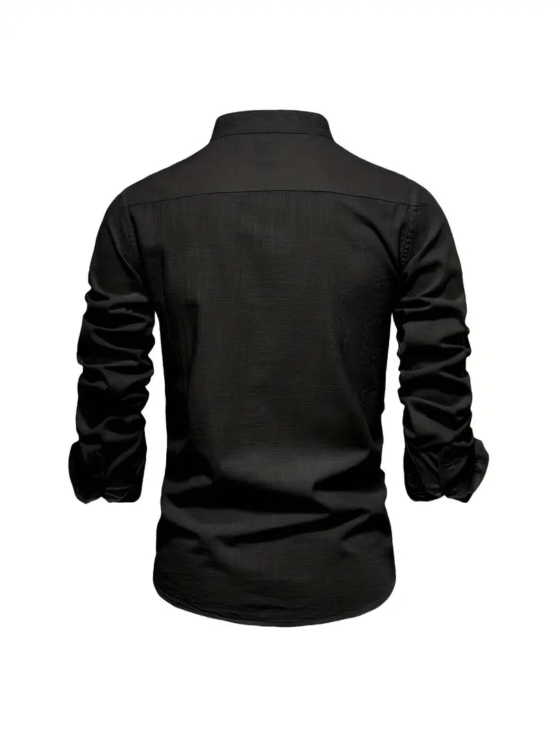 Men's Long Sleeve Shirt with Stand Collar and Button Closure